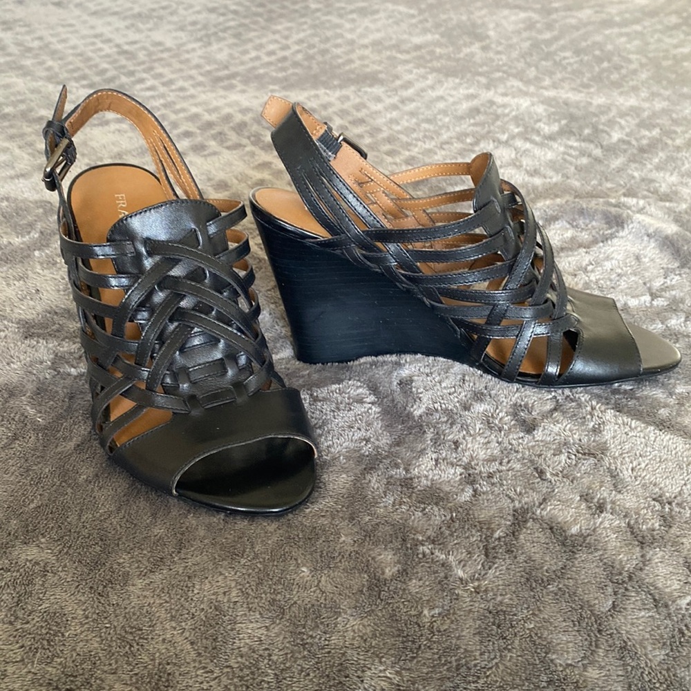 Franco Sarto Black Woven Leather 4” Wedge Sandal